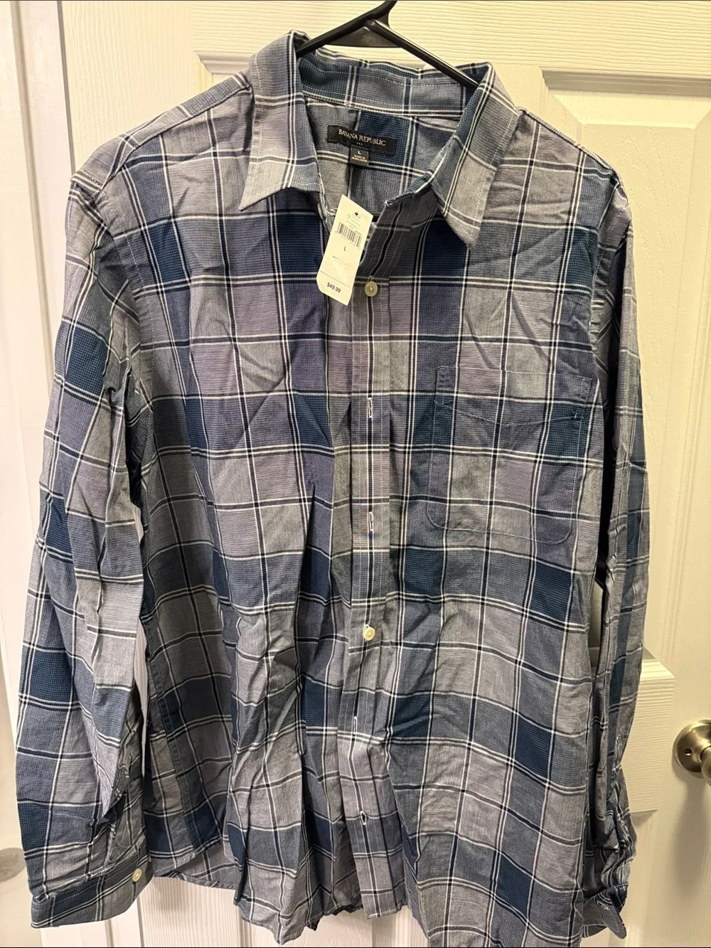 Banana Republic Men’s Navy and Gray Plaid Button-Down Shirt